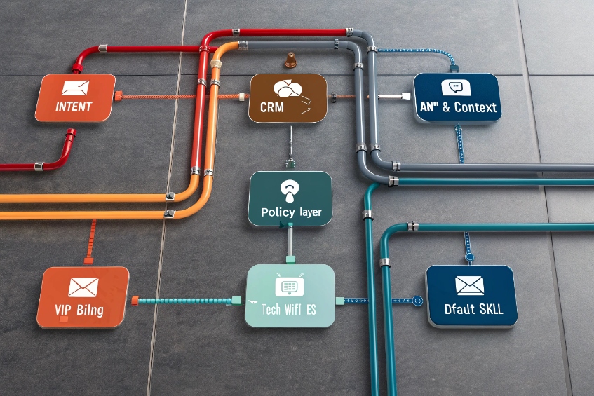 Colorful process flow diagram showing CRM, intent and skills based routing