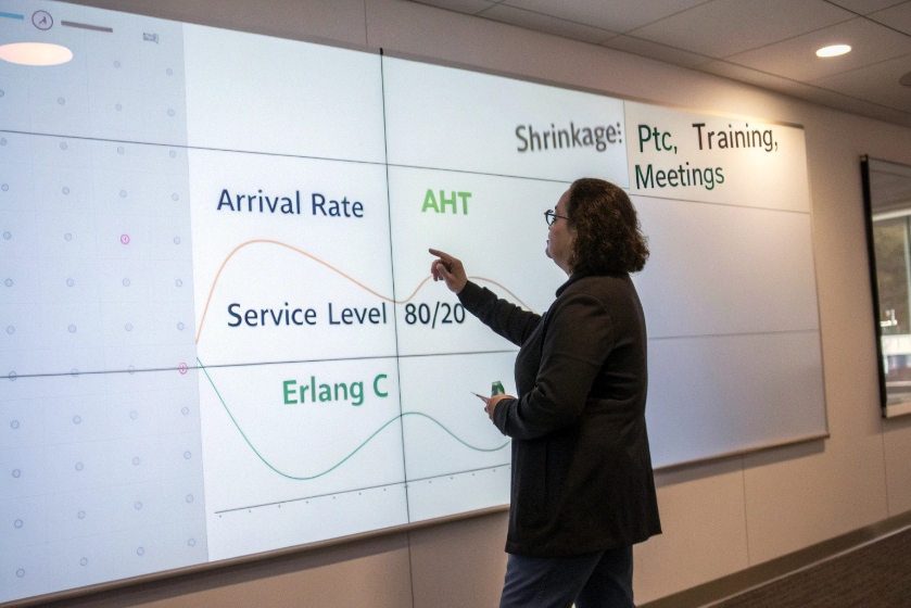 Manager analyzing service levels and AHT metrics