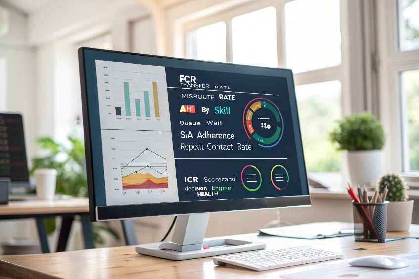 Customer service analytics dashboard displaying FCR, misroute rate and contact center KPIs