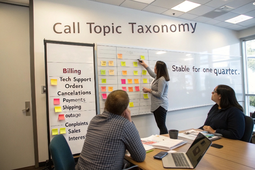 Team designing call topic taxonomy with billing and support categories