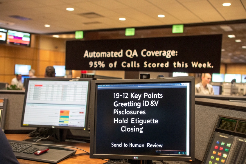 Automated call center QA dashboard scoring customer interactions