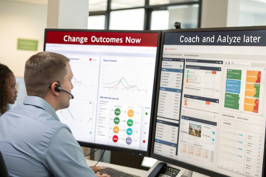 Supervisor reviewing real time contact center performance dashboards