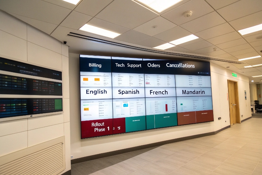 Contact center wallboard tracking multilingual billing, tech support and cancellations performance