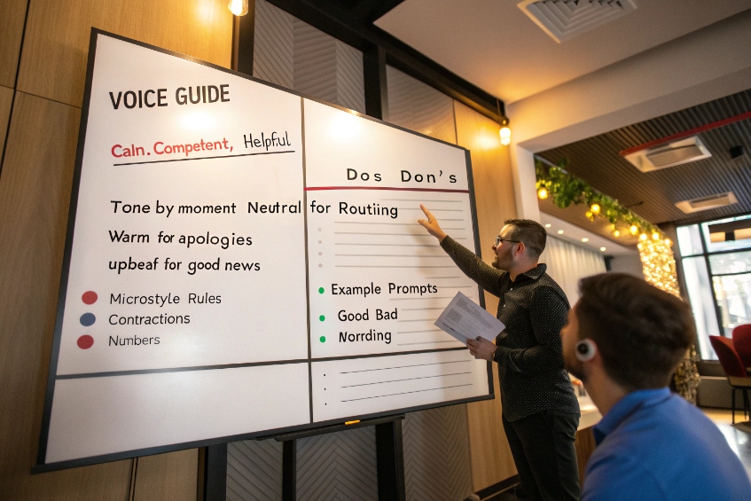 Team reviewing IVR voice guide tone, routing rules and example prompts