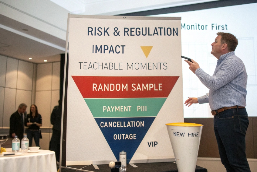 Speaker presenting risk based call monitoring and QA prioritization funnel