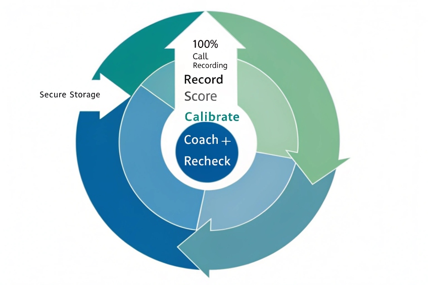 Contact center QA cycle showing record score calibrate coach and secure storage
