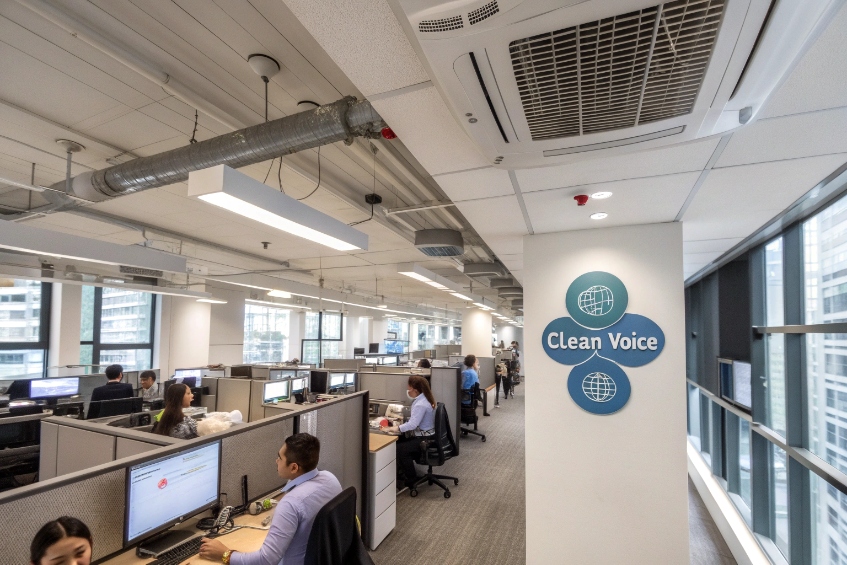Modern office cubicles with Clean Voice branding for high quality SIP audio calls