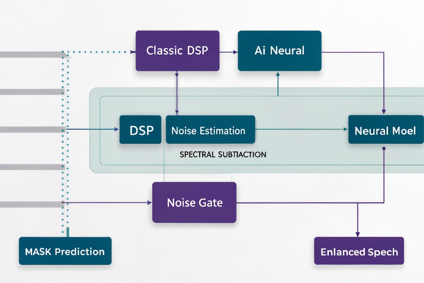 AI neural DSP noise reduction workflow diagram for enhanced SIP voice quality