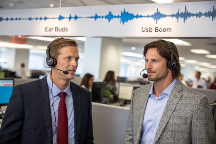 Businessmen testing headsets and boom microphones for clear SIP call audio