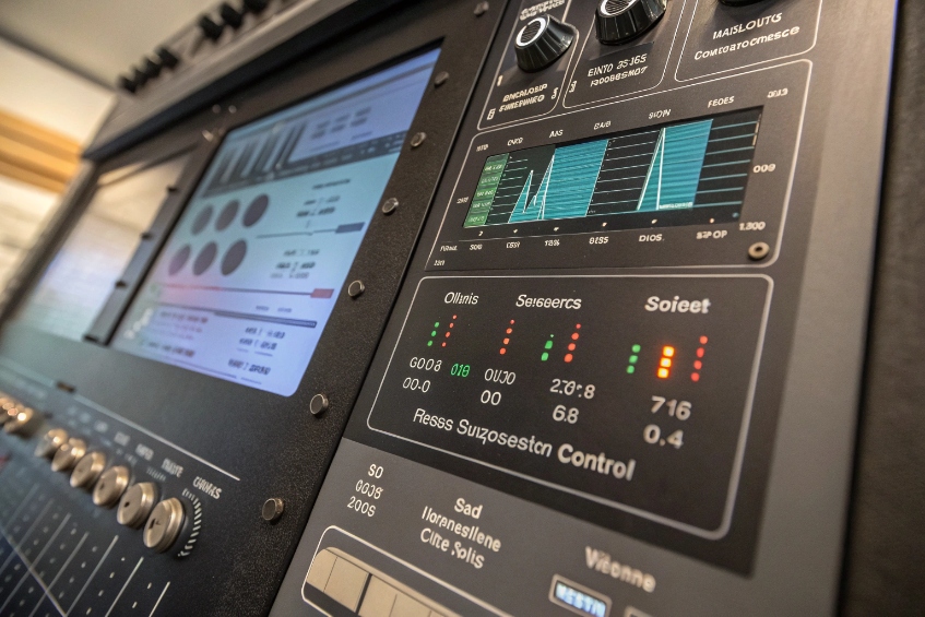 Professional audio rack with signal meters controlling background noise for VoIP calls