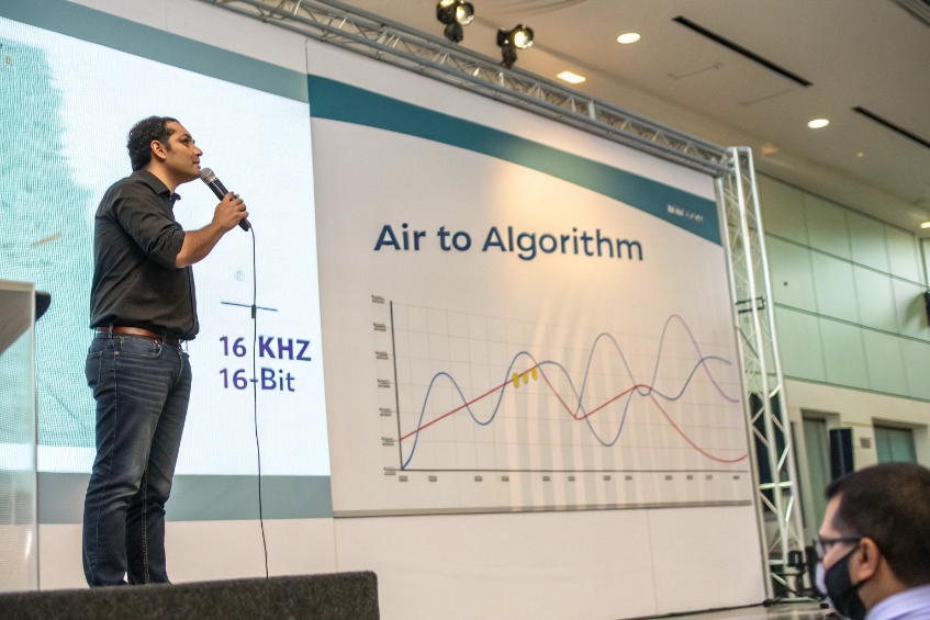 Speaker presenting audio to algorithm signal processing workflow for VoIP quality