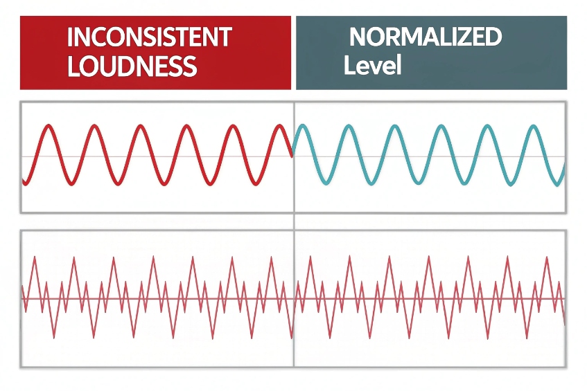 Waveform comparison of inconsistent loudness versus normalized level for calls