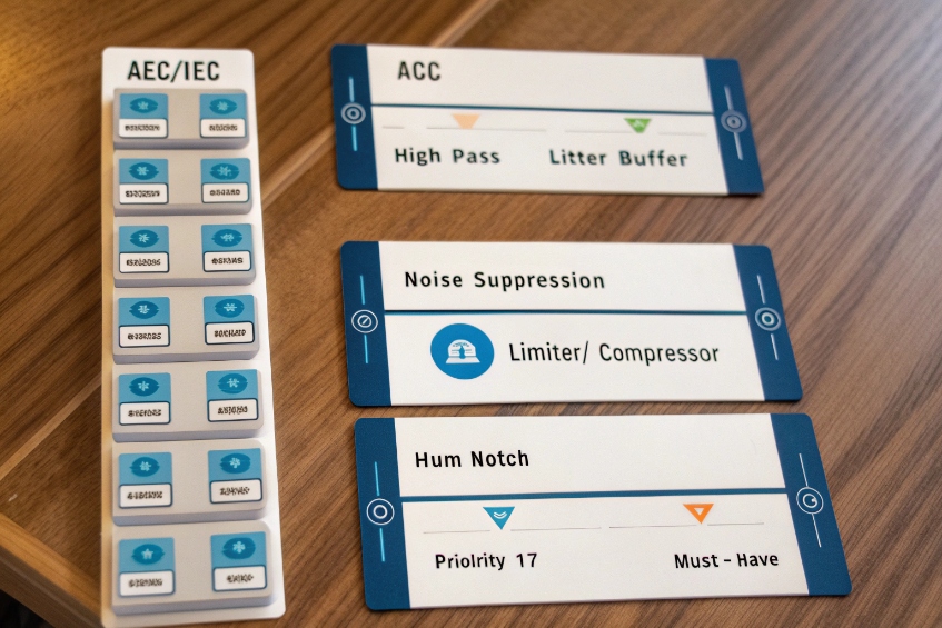 Audio processing feature cards for AEC noise suppression and hum notch filters