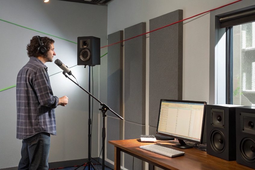 Voice talent recording SIP IVR prompts in treated studio with monitors