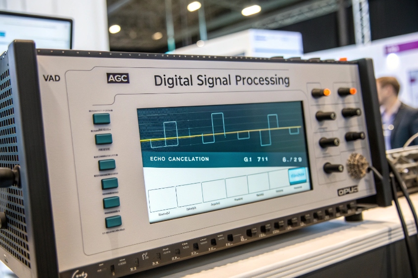 Digital signal processing analyzer testing echo cancellation for VoIP SIP intercom audio