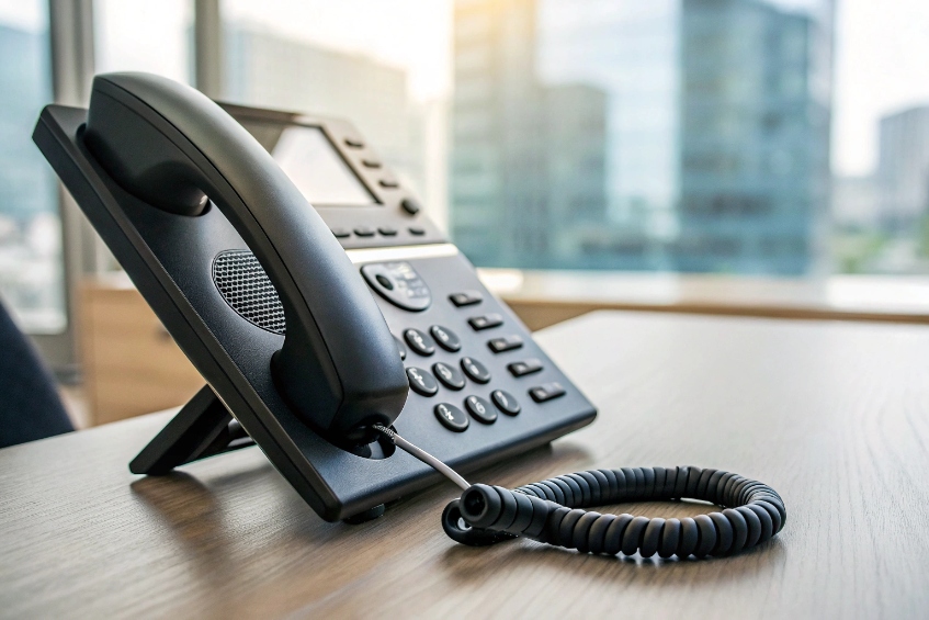 Modern SIP desk phone on office desk with city skyline in background