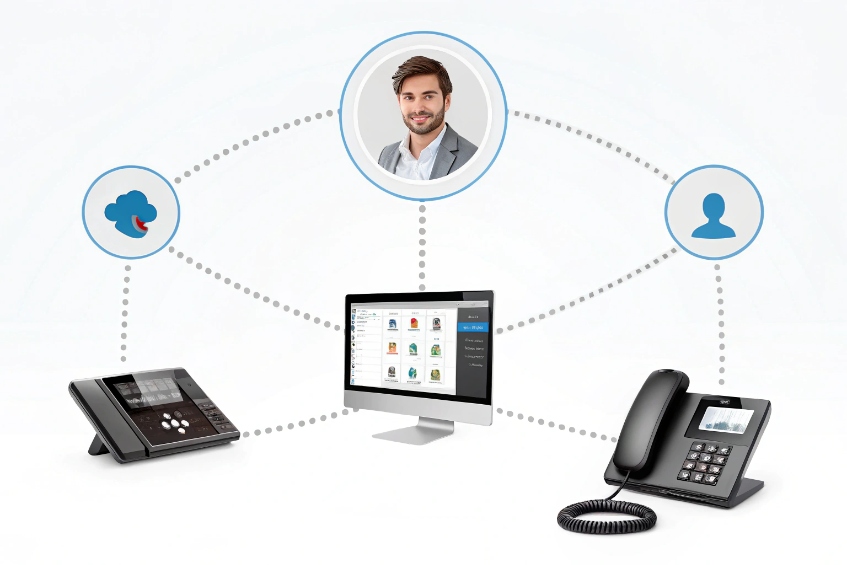Unified communications linking user profile cloud contacts SIP desk phones and softphone client