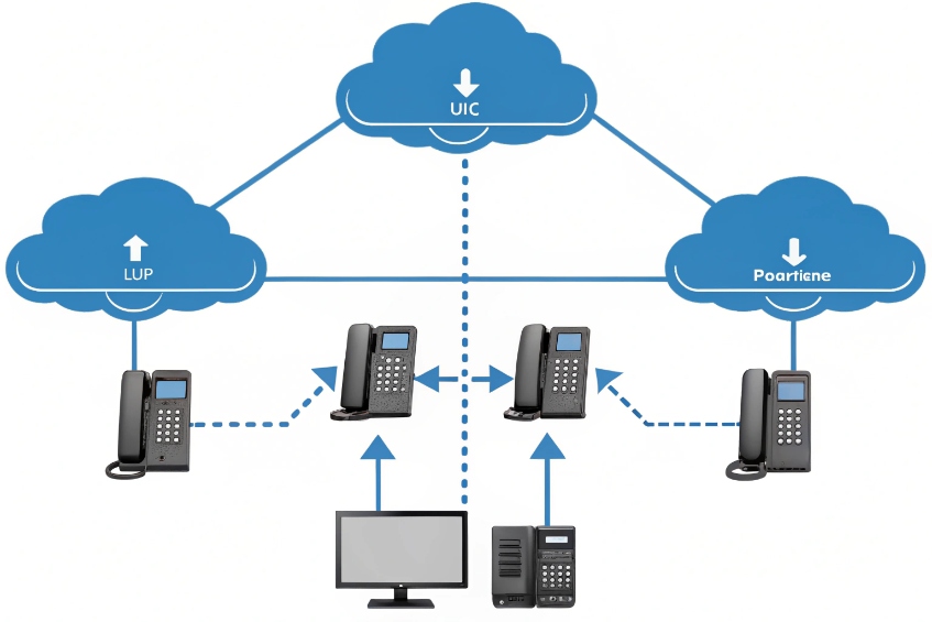 Cloud PBX diagram connecting SIP desk phones through distributed VoIP call routing servers