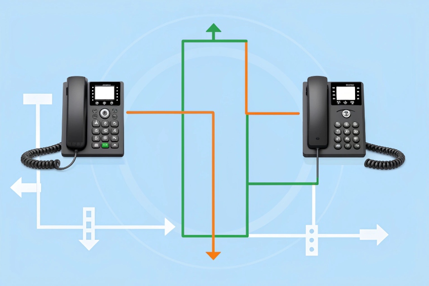 Call routing diagram between two SIP desk phones using color coded paths