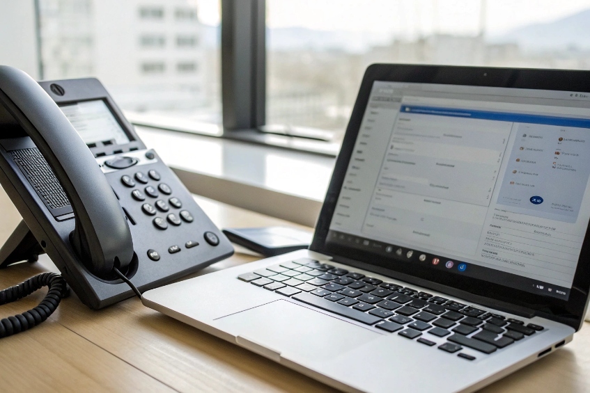 Office desk with SIP phone laptop and mobile running unified communications client