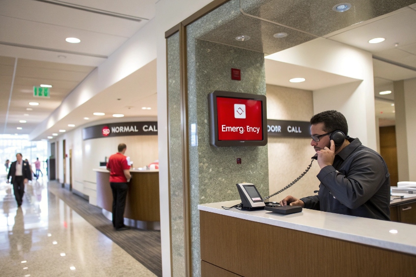 Hospital reception using SIP desk phone for emergency call handling at front desk