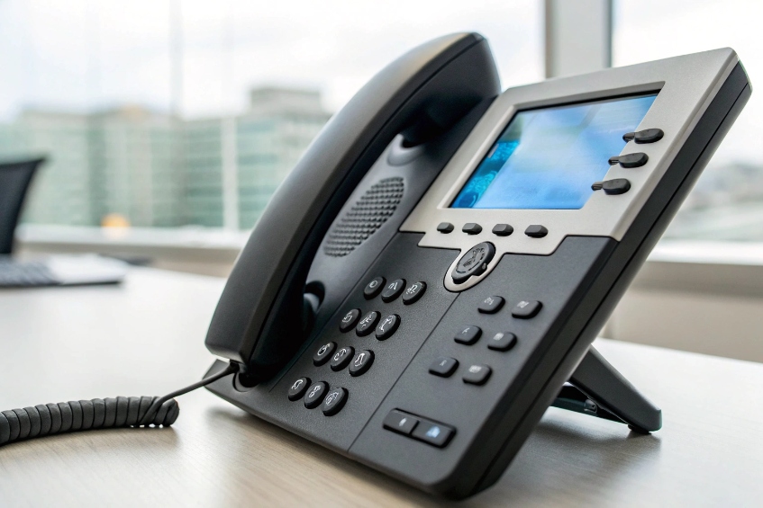 Business SIP desk phone on modern office table with city skyline background