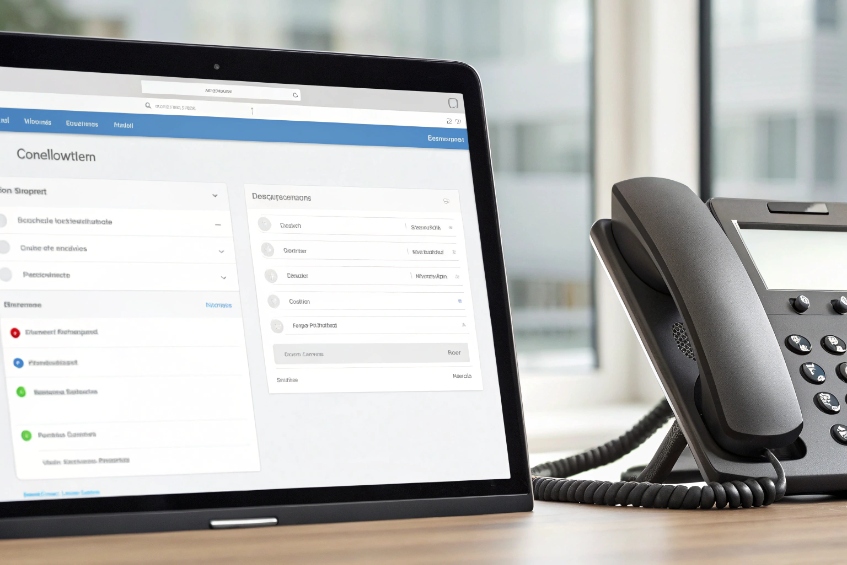 Tablet running VoIP configuration portal beside SIP desk phone on office desk