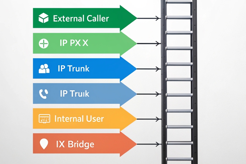 Color ladder infographic showing external callers IP trunks internal users and IX bridge