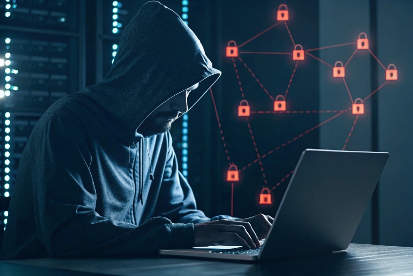 Hooded cyber attacker targeting SIP networks with laptop in dark server room