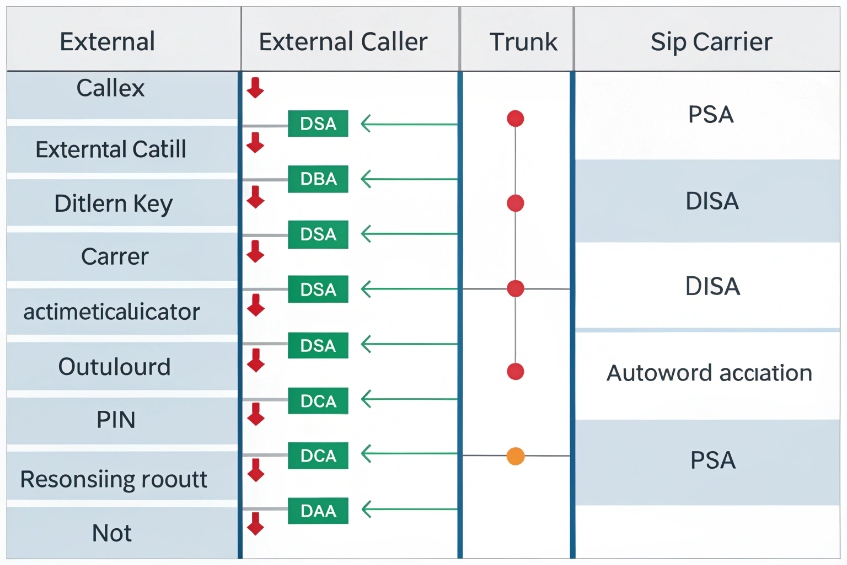 Matrix of external caller trunk and SIP carrier permissions for secure routing