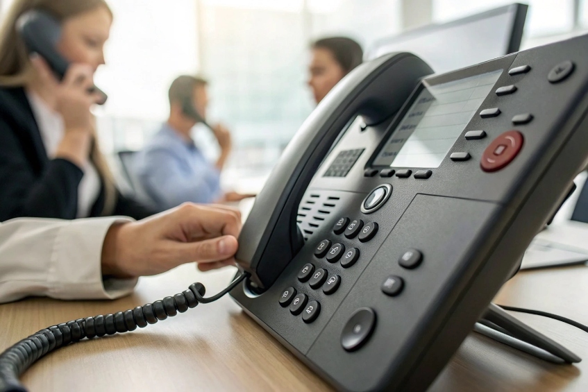 Team on SIP desk phones during busy office call session