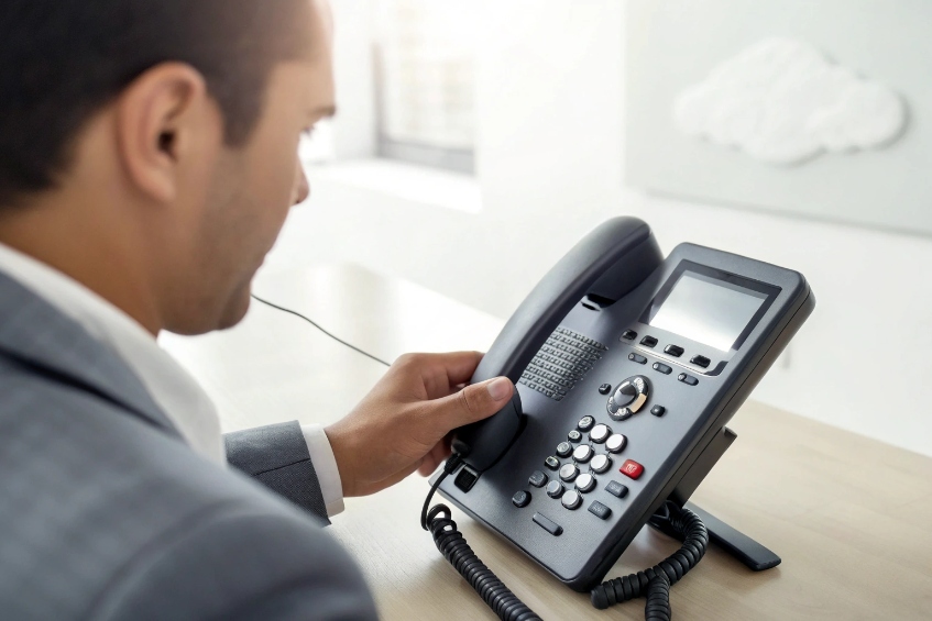 Professional user dialing modern SIP desk phone in office