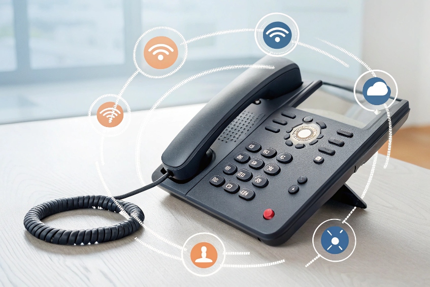 Cloud connected SIP desk phone illustrating unified communications features