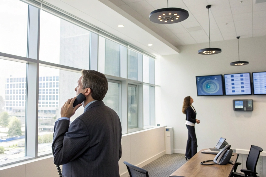 Executive on SIP desk phone in conference room monitoring network dashboards