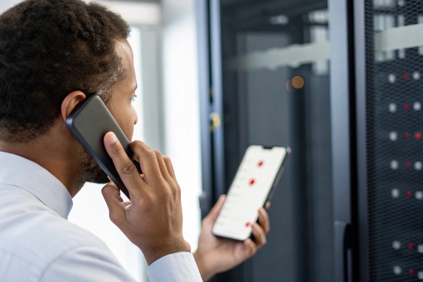 Network engineer on mobile phone checking SIP alerts in data center
