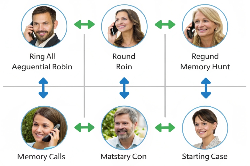 Infographic of business callers illustrating ring all, round robin and memory hunt strategies