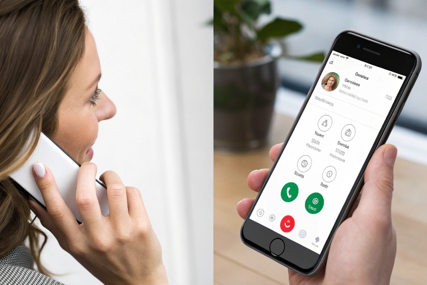 Woman using mobile SIP softphone app interface for business calling and call control