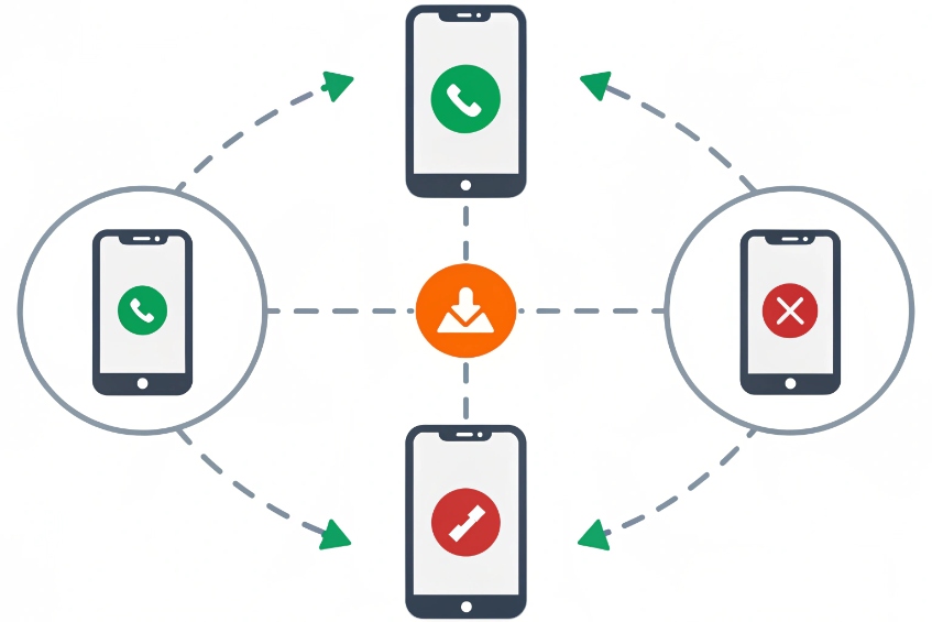 Diagram of distributed mobile devices receiving routed SIP call with accept and reject outcomes