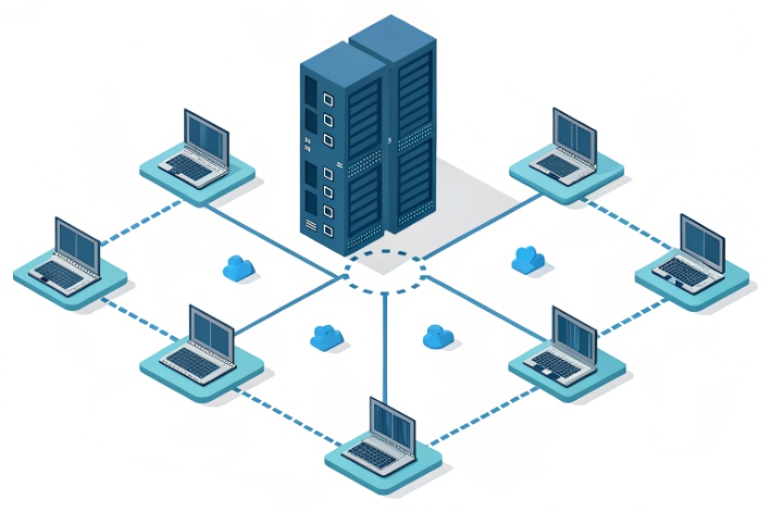 Central IP PBX server connecting remote laptops in VoIP network