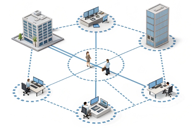 Unified IP communication network connecting multiple branch offices and contact center workstations
