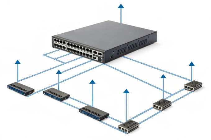 Core Ethernet switch aggregating distributed PoE switches in enterprise VoIP network
