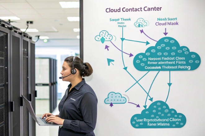 Engineer managing cloud contact center architecture between data center, agents and customers