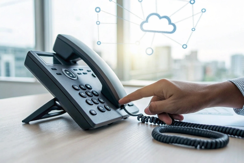 Hand dialing SIP desk phone with cloud unified communications icons