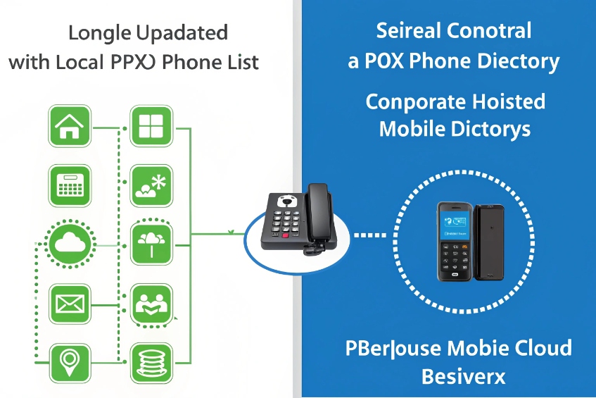 Infographic of SIP desk phone syncing local directory with mobile cloud contacts