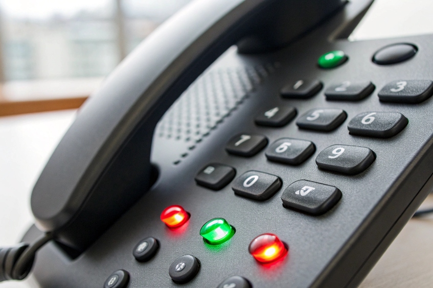 Keypad of SIP phone with active green and red line LEDs