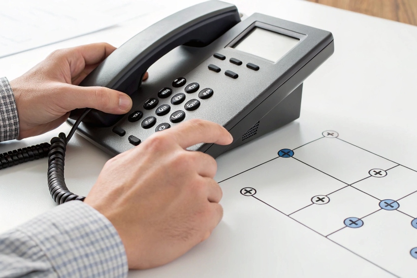 Engineer configuring SIP desk phone according to call routing diagram