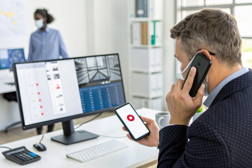 Office worker on masked mobile call while reviewing secure recording dashboard