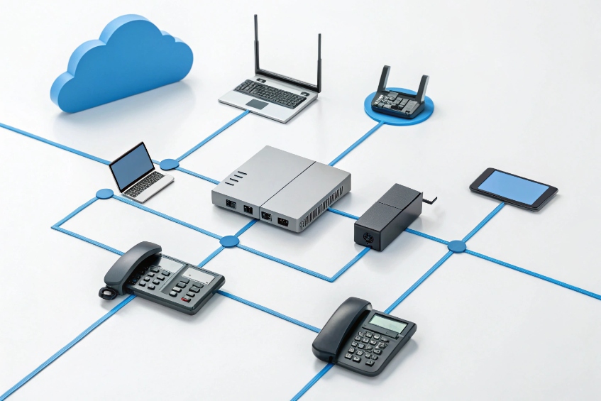 Small office network diagram with SIP phones, laptops, router, ATA and cloud VoIP service