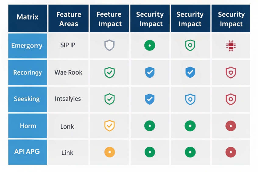 Security impact matrix comparing PBX features like emergency, recording, and APIs