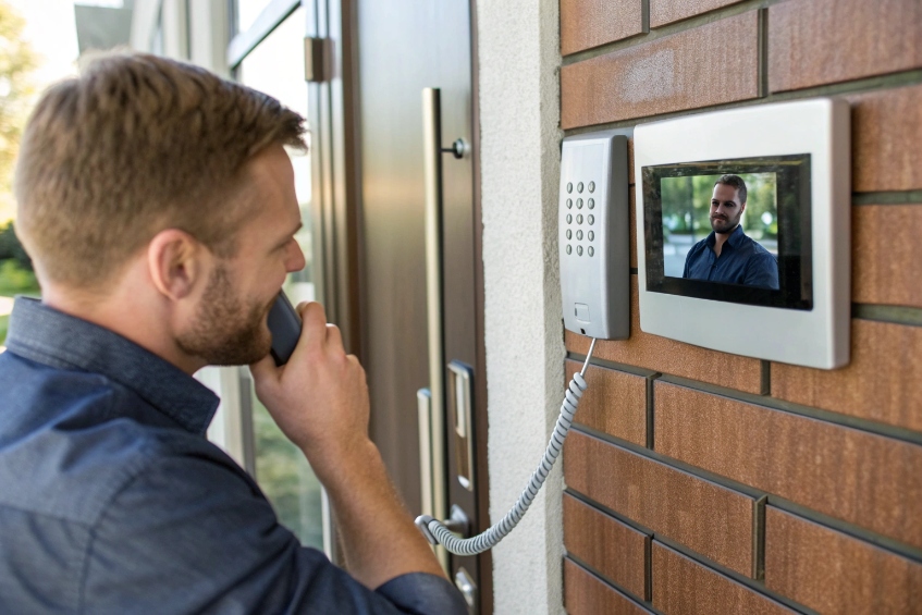 Man using video SIP door intercom to speak with visitor at building entrance
